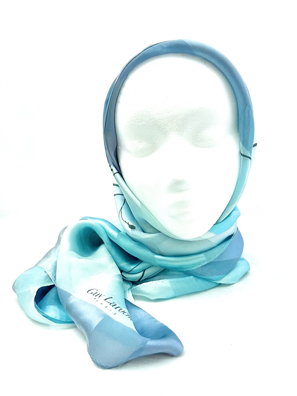 Guy Laroche Vintage Silk Scarf in Light Aqua & Blue 34”x34”
